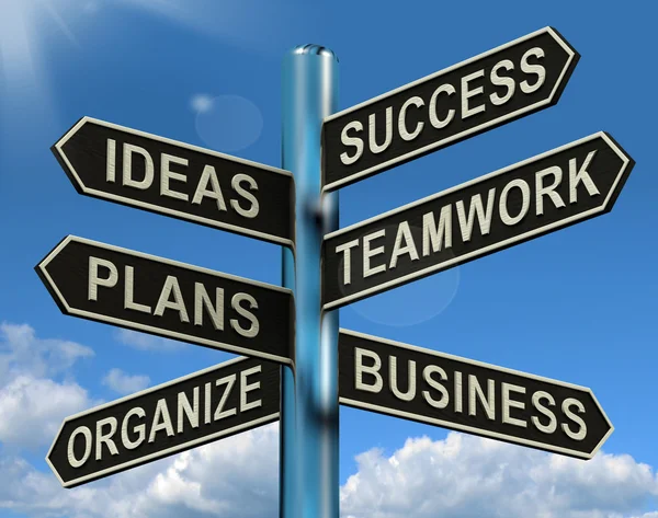 Ideias de sucesso Planos de Trabalho em Equipe Signpost Mostrando Planos de Negócios e — Fotografia de Stock