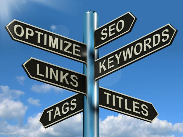 Seo Otimizar Palavras-chave Links Signpost Mostra Site Opção de Marketing — Fotografia de Stock