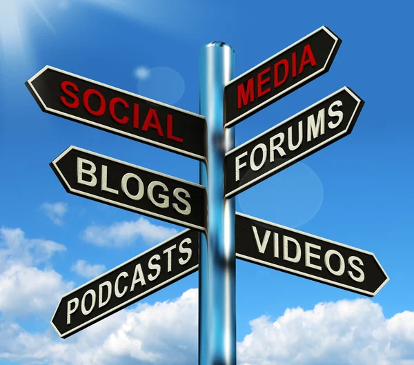 Sociale media wegwijzer toont informatie ondersteuning en communicatio — Stockfoto