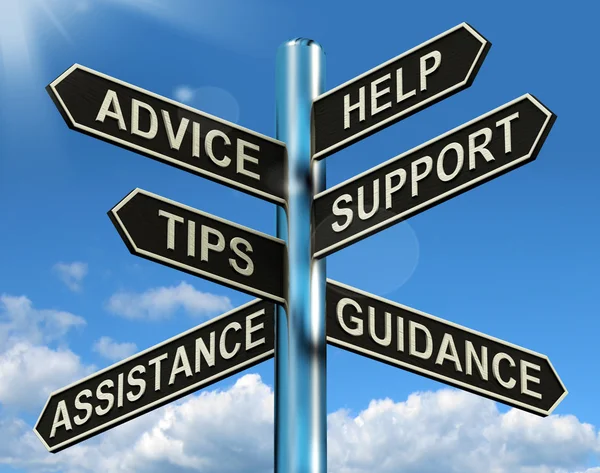 Advies help ondersteuning en tips wegwijzer tonen informatie en gu — Stockfoto