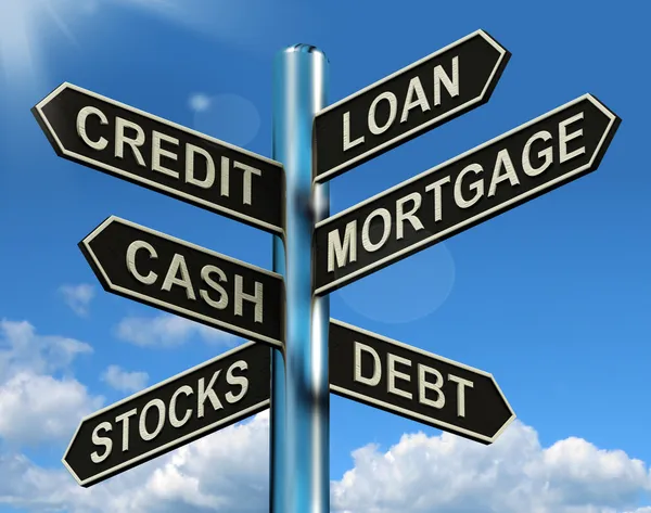 Hitel kölcsön jelzálog Signpost találat hitelfelvétel a pénzügyi és adósságokkal — Stock Fotó
