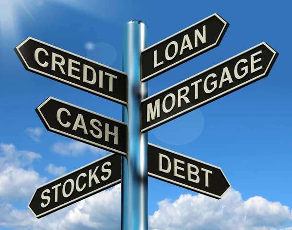 stock image Credit Loan Mortgage Signpost Showing Borrowing Finance And Debt