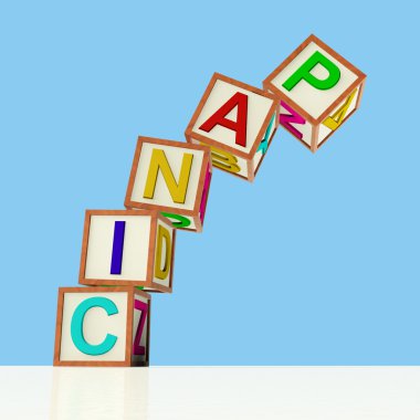 Blocks Spelling Panic Falling Over As Symbol for Emergency And S clipart