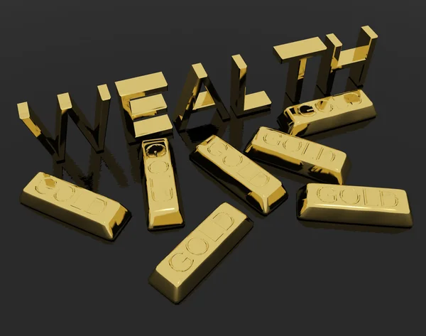 Testo della ricchezza e lingotti d'oro come simbolo di ricchezze e capitale — Foto Stock