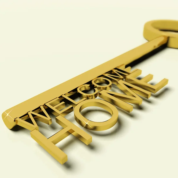 Κλειδί με ευπρόσδεκτη σπίτι κείμενο ως σύμβολο για ακινήτων και της ιδιοκτησίας — Φωτογραφία Αρχείου