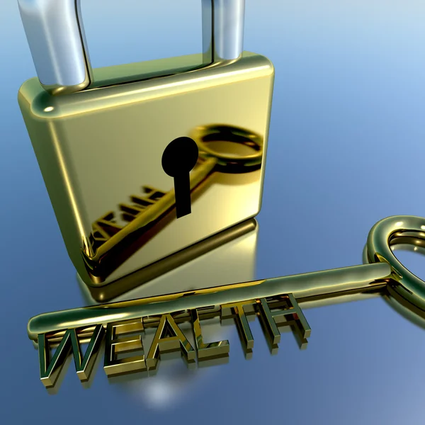 Padlock With Wealth Key Showing Riches Savings And Fortune — Stock Photo, Image
