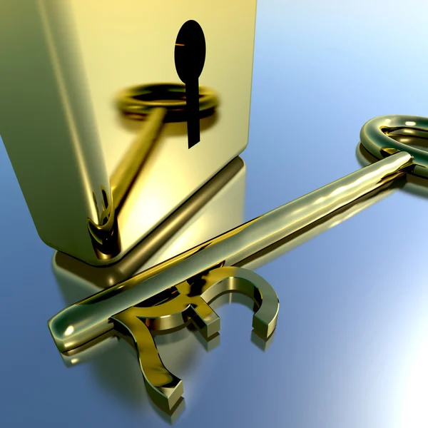 Chiave di libbra con lucchetto in oro che mostra risparmi bancari e finanza — Foto Stock