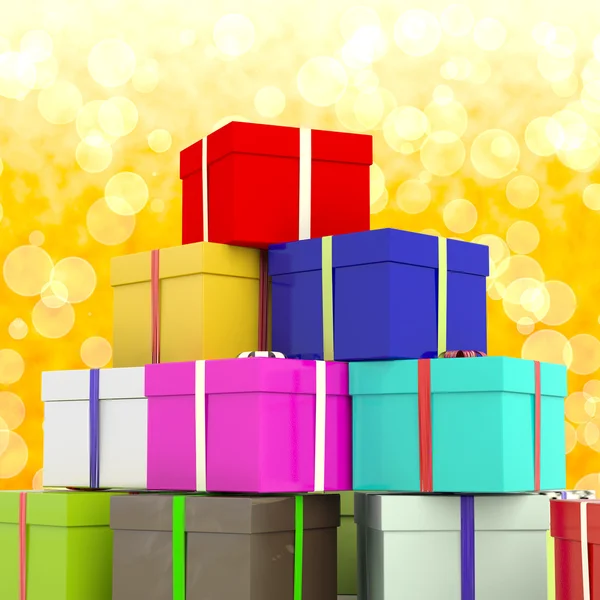 Multicolored Giftboxes With Yellow Bokeh Background As Presents — Stock Photo, Image