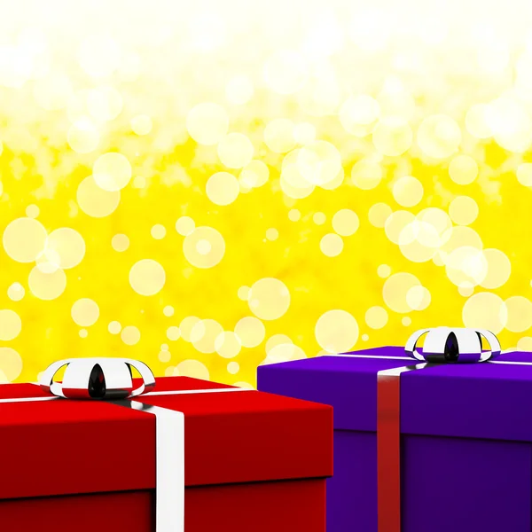 Rood en blauw geschenkdozen met gele bokeh achtergrond als presenteert — Stockfoto