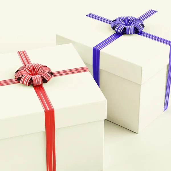 Geschenkboxen mit blauen und roten Bändern als Geschenk für Sie und Ihn — Stockfoto