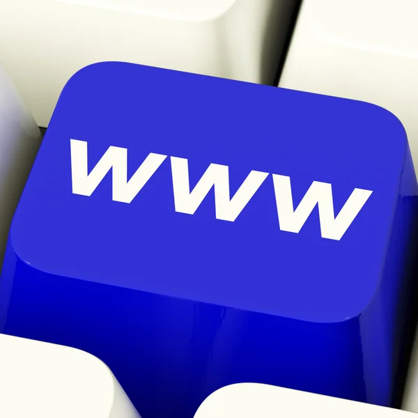 Www κλειδί υπολογιστή σε μπλε δείχνει σε απευθείας σύνδεση ιστοχώρους ή internet — Φωτογραφία Αρχείου