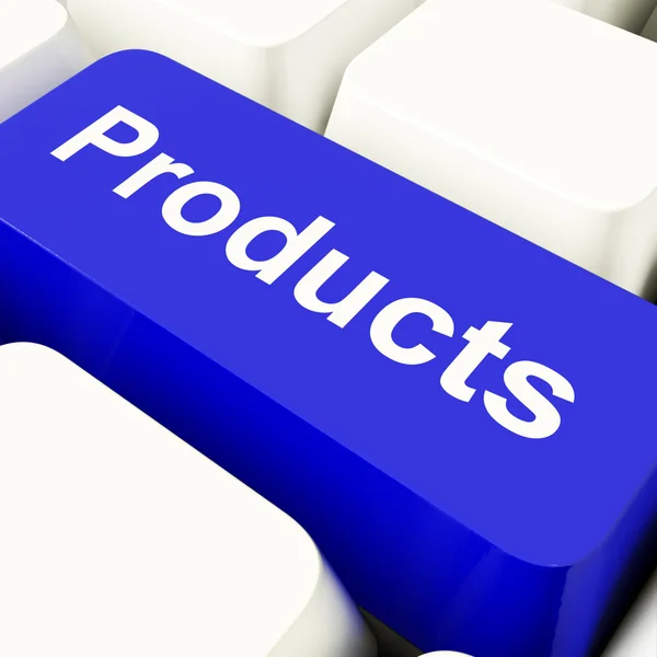 Productos Llave De La Computadora En Azul Mostrando Bienes De Compras En Internet —  Fotos de Stock