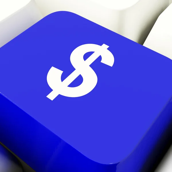 Chiave del computer del simbolo del dollaro in blu che mostra soldi o investimento — Foto Stock