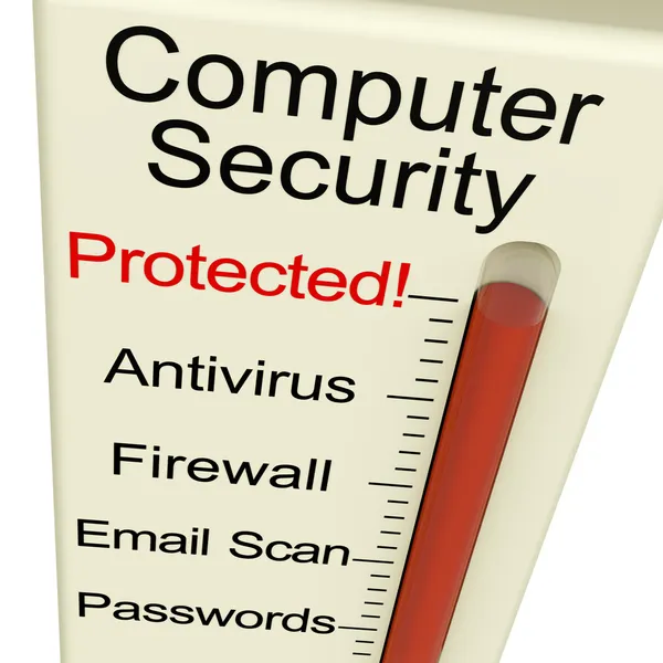 Bezpieczeństwo komputerowe chronione miernik pokazuje laptopa interet bezpieczeństwa — Zdjęcie stockowe