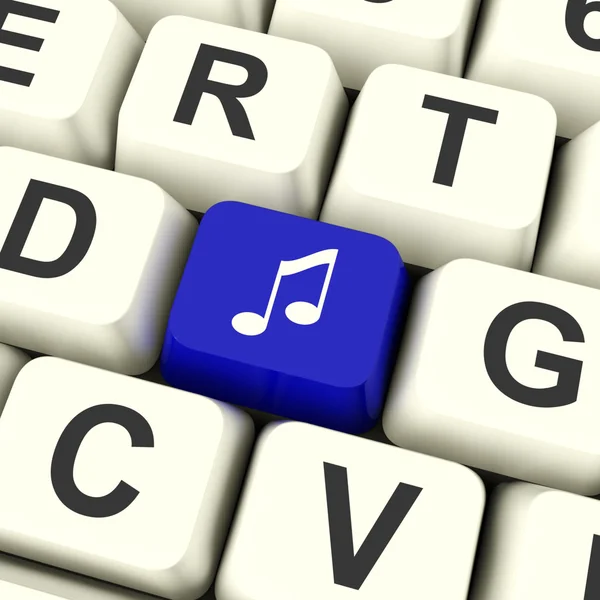 Chiave del computer del simbolo di musica in blu che mostra audio o radio online — Foto Stock