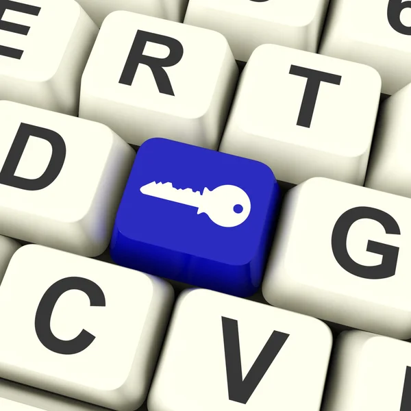 Κλειδί υπολογιστή μπλε κουμπί που δείχνει την ασφάλεια και την προστασία — Φωτογραφία Αρχείου
