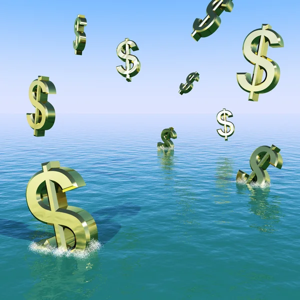 Dollars tombant dans la mer montrant la récession de dépression et l'écho — Photo