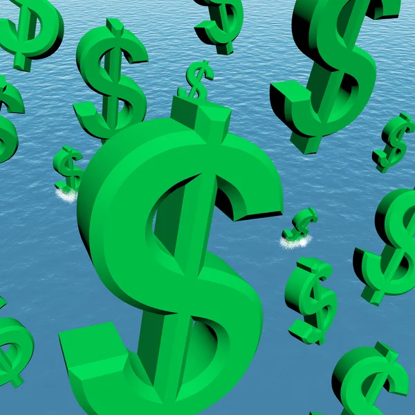 Символы доллара, падающие в океан, демонстрируют депрессию — стоковое фото