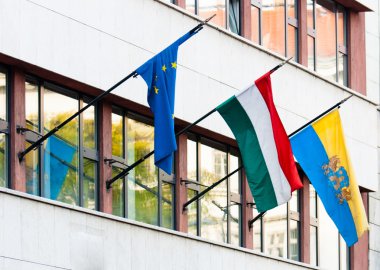 Flags of some countries on an office building clipart