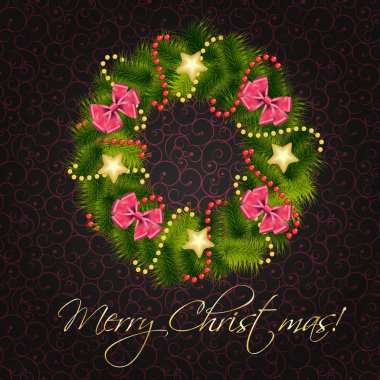 Realistic christmas wreath on vintage background illustra