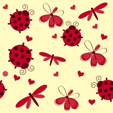 Romantic seamless pattern with dragonflies, ladybugs, hearts and clipart