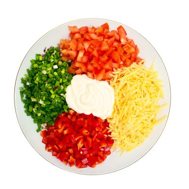 A salad of tomatoes, peppers, cheese, onions and mayonnaise clipart