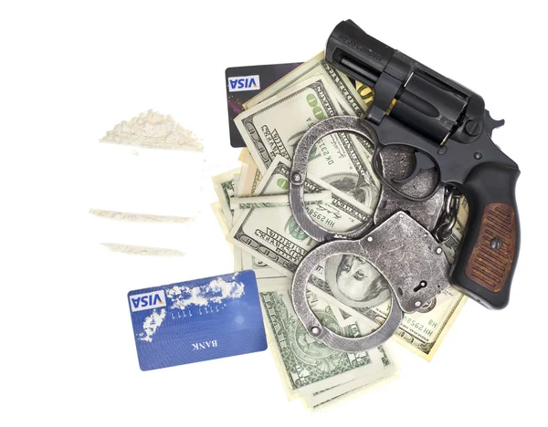 stock image Drugs, gun and money isolated on white background