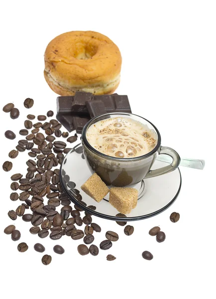 stock image Cappuccino, donut, brown sugar and coffee beans on white backgro