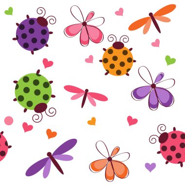 pattern with dragonflies, ladybugs and  hearts