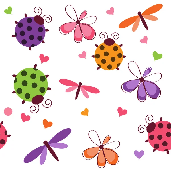 stock image pattern with dragonflies, ladybugs and  hearts