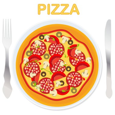  pizza on a plate with fork and knife