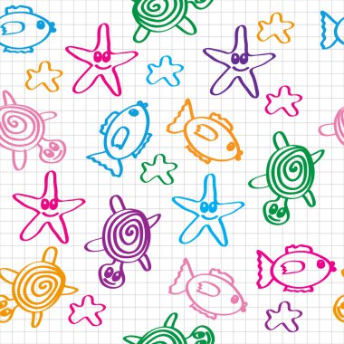 Hand drawn seamless pattern with funny colored marine life clipart