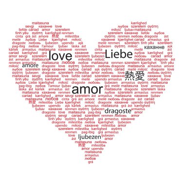 Love concept word in many languages of the world in red and blac clipart