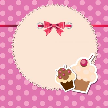 Vintage frame wit bow and cute cupcakes illustration