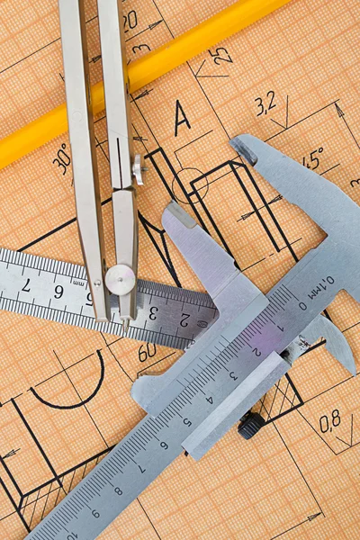 stock image Mechanical circuit, a ruler, compass, calipers.