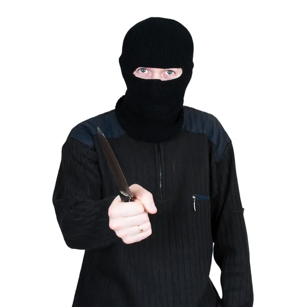 stock image Man in a mask with a knife on a white background