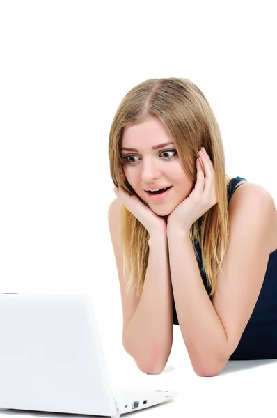 Beautiful young girl with laptop surprise — Stock Photo, Image