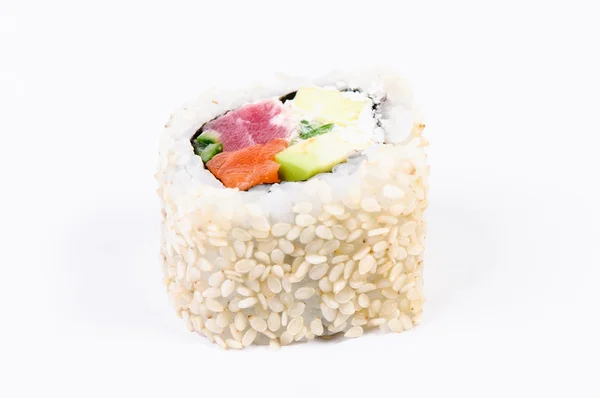 Sushi s avokádem a ryby na bílém pozadí — Stock fotografie