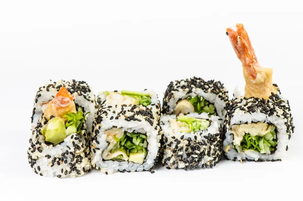 Sushi set with leawes salad and tiger shrimps — Stock Photo, Image