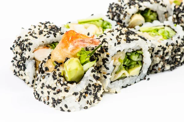 Sushi set s leawes salát a tygří krevety — Stock fotografie