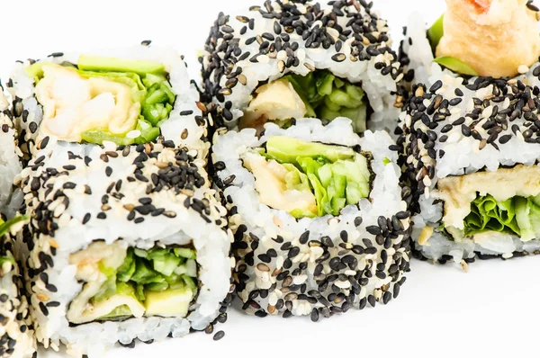 Zestaw sushi z sałatka z leawes i Tygrys krewetek — Zdjęcie stockowe