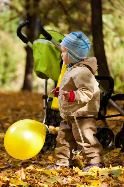 Pojke i höstlöv som håller ballongen — Stockfoto