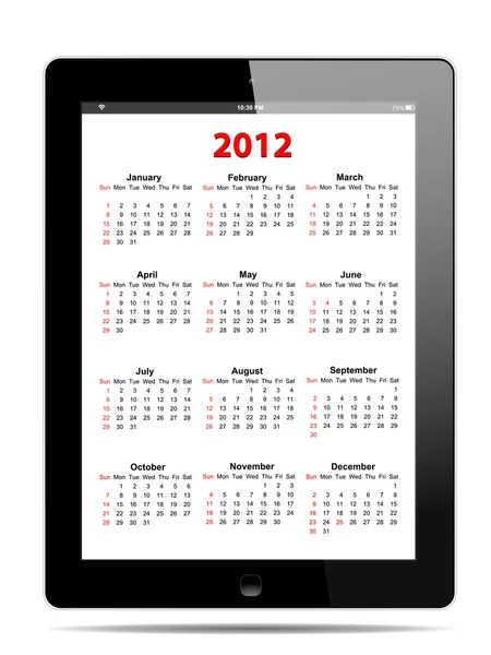 Tablet PC'de beyaz, vektör biçimi içinde 2012 takvimi — Stok Vektör