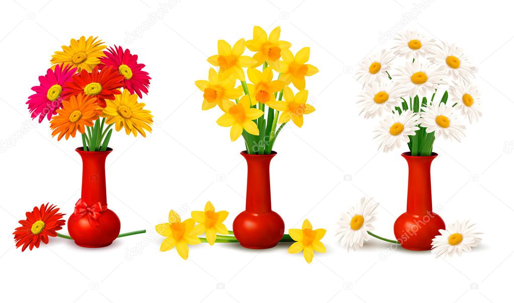 Spring colorful flowers in vases Vector illustration