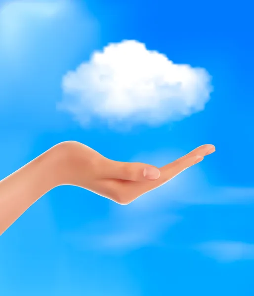 Bulut bilgi işlem kavramı el ile mavi gökyüzü ve beyaz bulut vektör — Stok Vektör