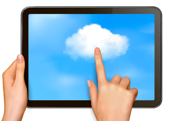 Υπολογιστικού νέφους δάχτυλο έννοιας συγκινητικό σύννεφο σε μια οθόνη αφής — Διανυσματικό Αρχείο