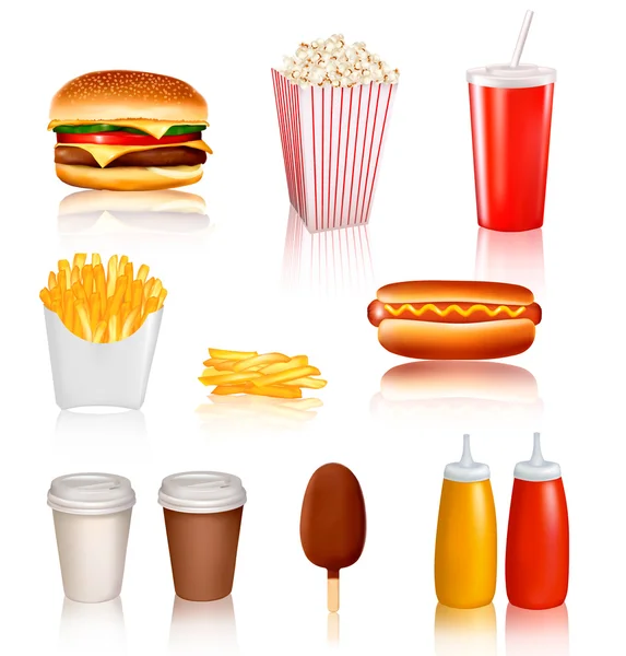 Gran grupo de productos de comida rápida ilustración vectorial — Vector de stock