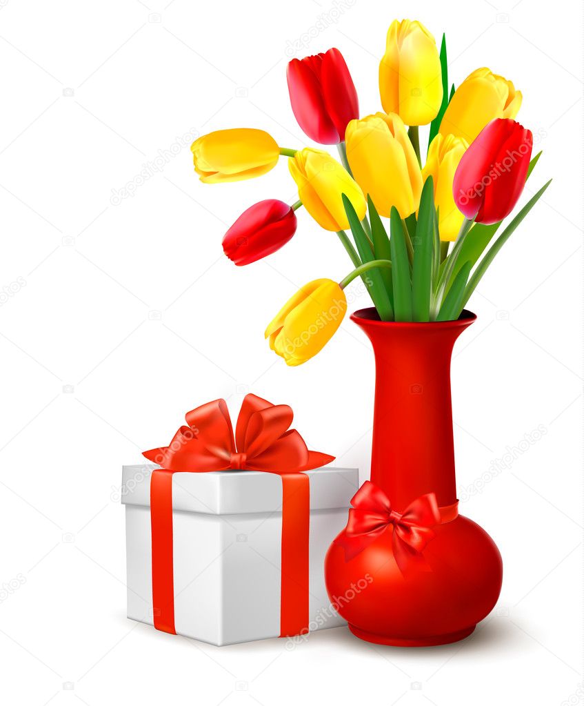 Flowers in vase and gift box with ribbons Holiday background Vector