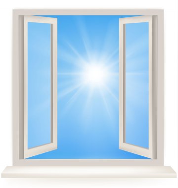 Open window against a white wall and the cloudy sky and sun. Conceptual shot of freedom and dreaming in real estate business. Vector clipart