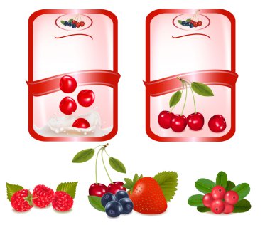 Two red labels with berries and cherries. clipart